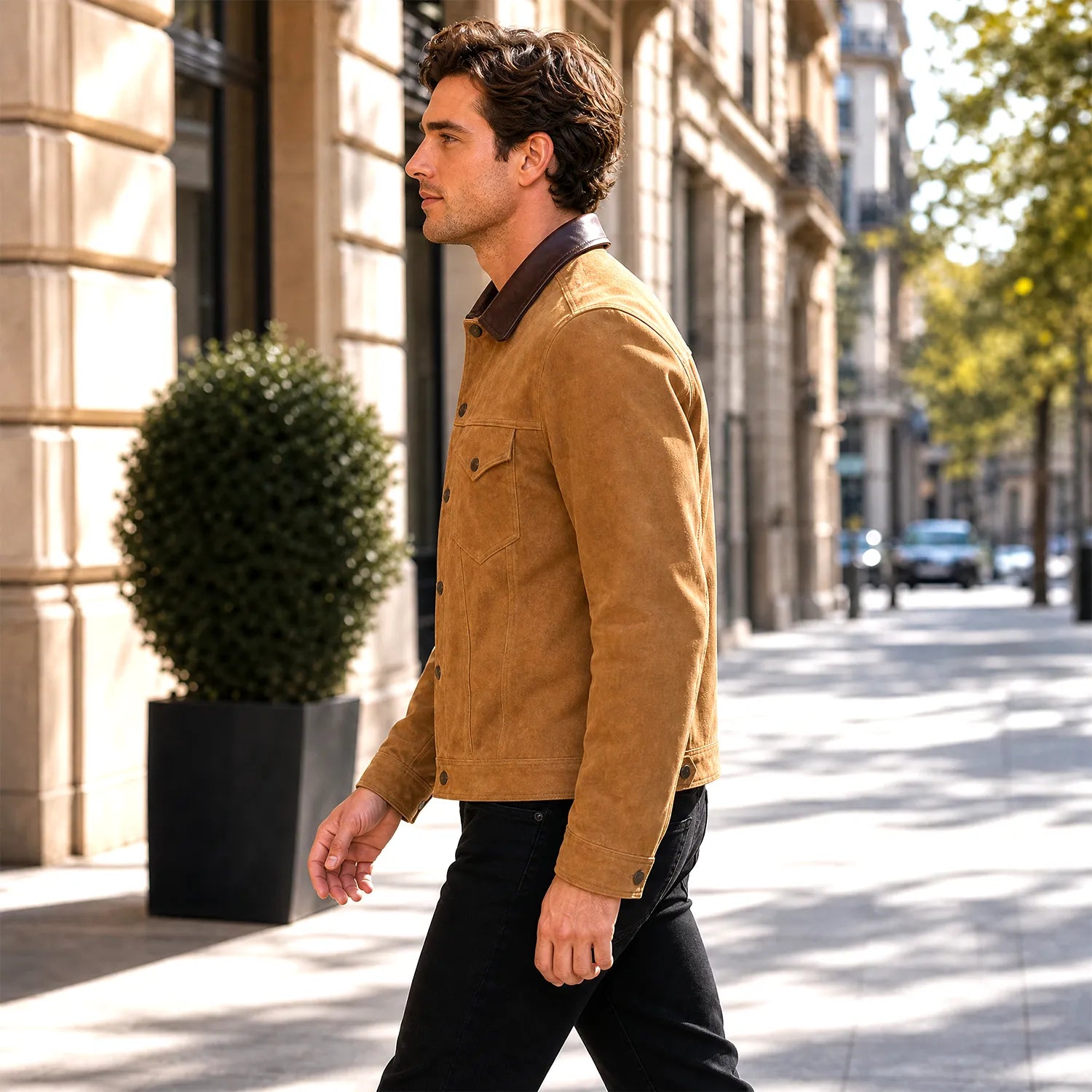 Men’s Tan Suede Trucker Jacket | Vintage Western Style Leather Utility Jacket