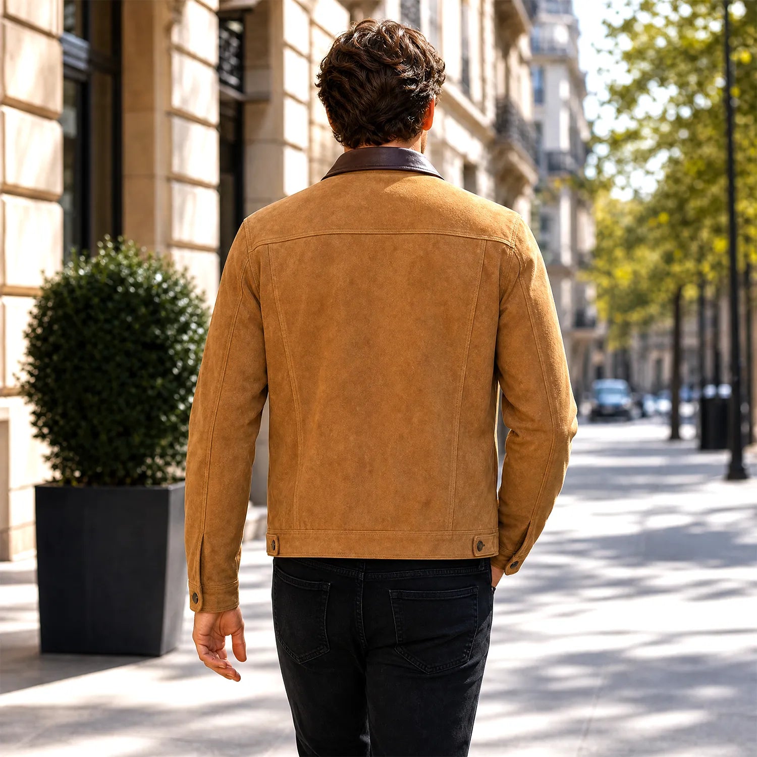 Men’s Tan Suede Trucker Jacket | Vintage Western Style Leather Utility Jacket