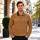 Men’s Tan Suede Trucker Jacket | Vintage Western Style Leather Utility Jacket