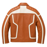 Men’s Tan White Leather Moto Biker Jacket | Zip-Up Racing Style Jacket