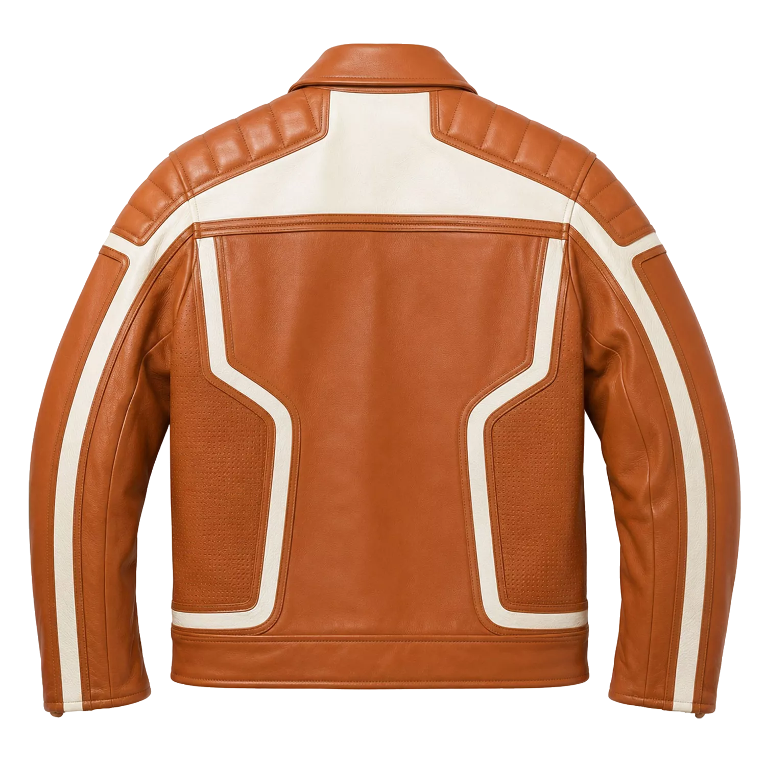 Men’s Tan White Leather Moto Biker Jacket | Zip-Up Racing Style Jacket