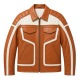Men’s Tan White Leather Moto Biker Jacket | Zip-Up Racing Style Jacket
