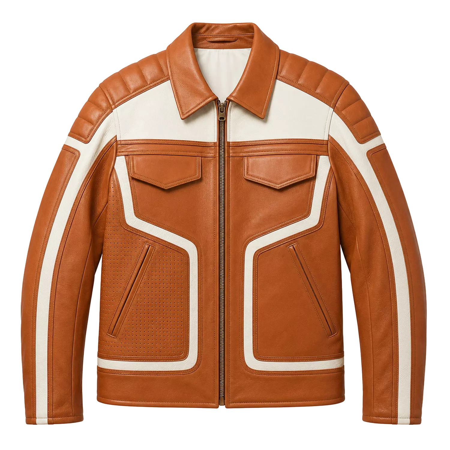 Men’s Tan White Leather Moto Biker Jacket | Zip-Up Racing Style Jacket