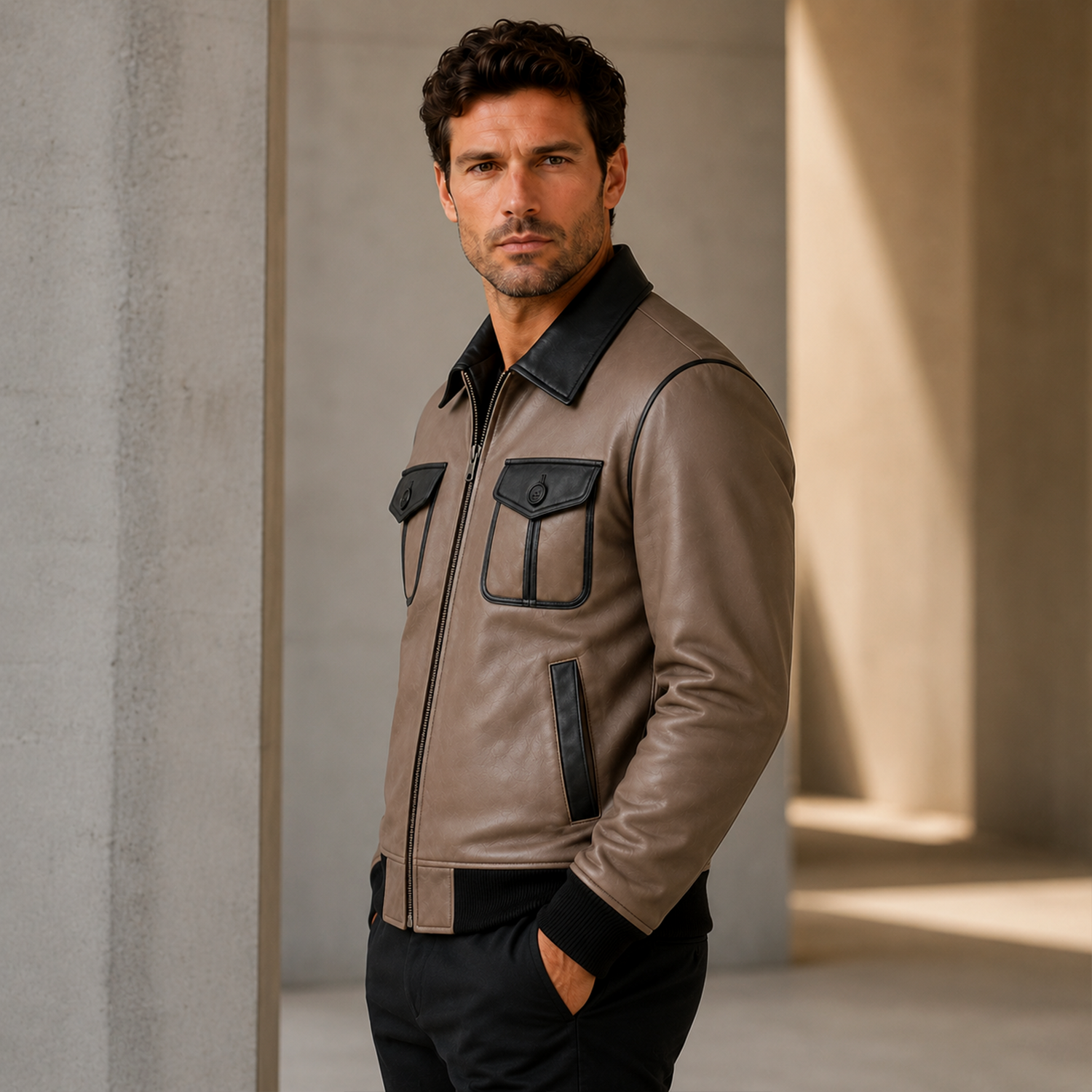 Men’s Taupe Black Leather Bomber Jacket | Zip-Up Casual Jacket