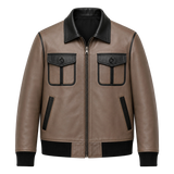 Men’s Taupe Black Leather Bomber Jacket | Zip-Up Casual Jacket
