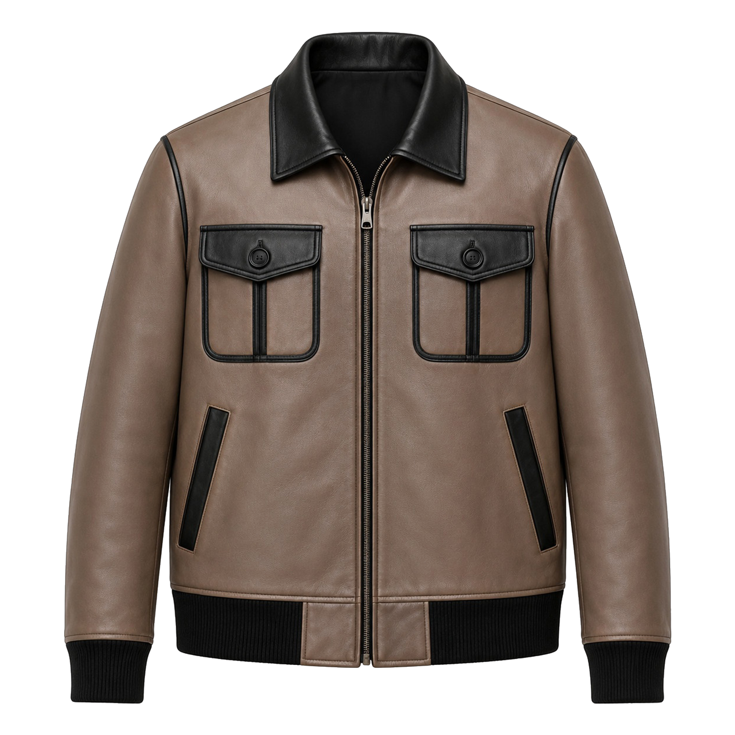 Men’s Taupe Black Leather Bomber Jacket | Zip-Up Casual Jacket