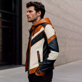 Men’s Tri-Color Hooded Leather Biker Jacket | Navy Cream Tan Jacket