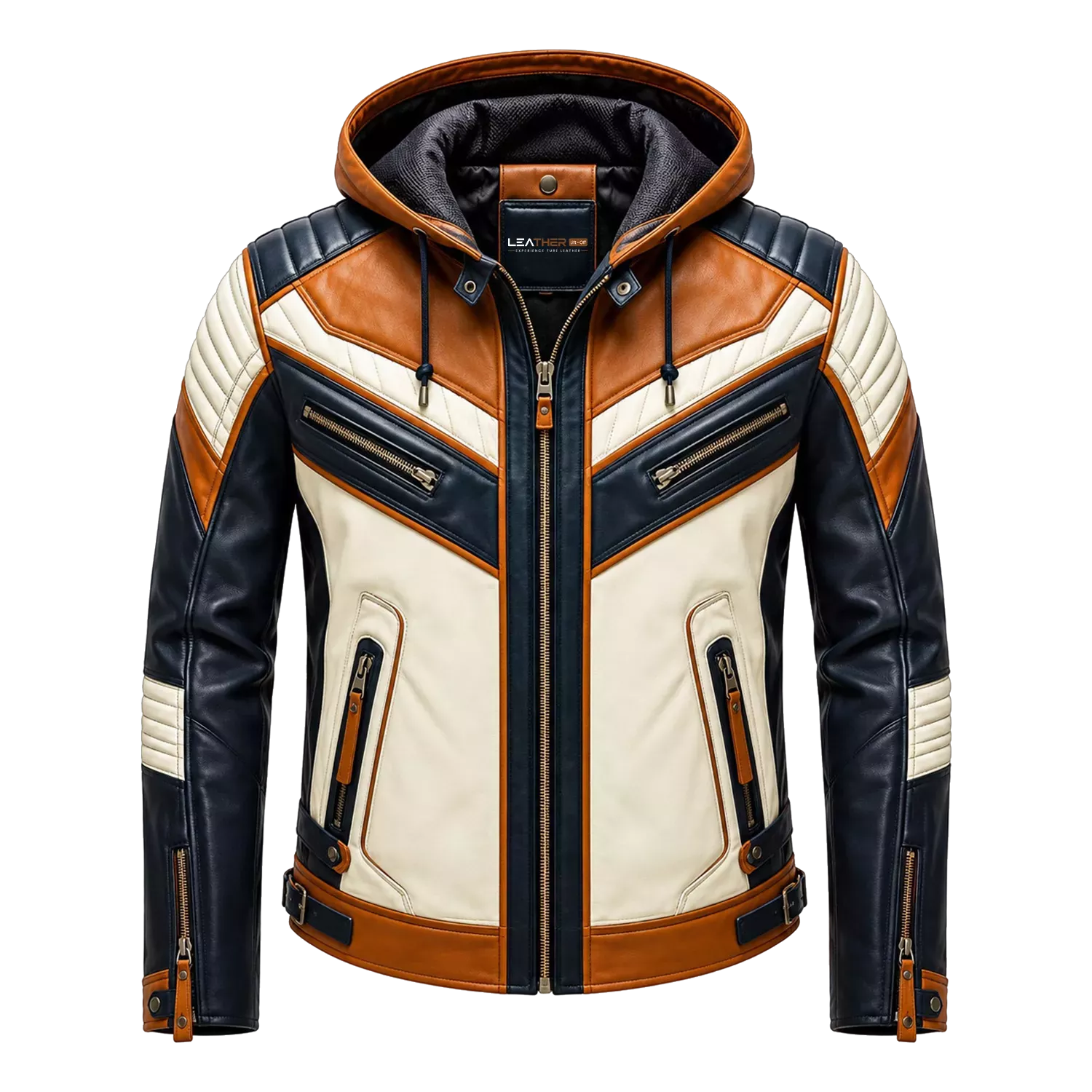 Men’s Tri-Color Hooded Leather Biker Jacket | Navy Cream Tan Jacket