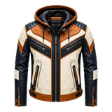 Men’s Tri-Color Hooded Leather Biker Jacket | Navy Cream Tan Jacket