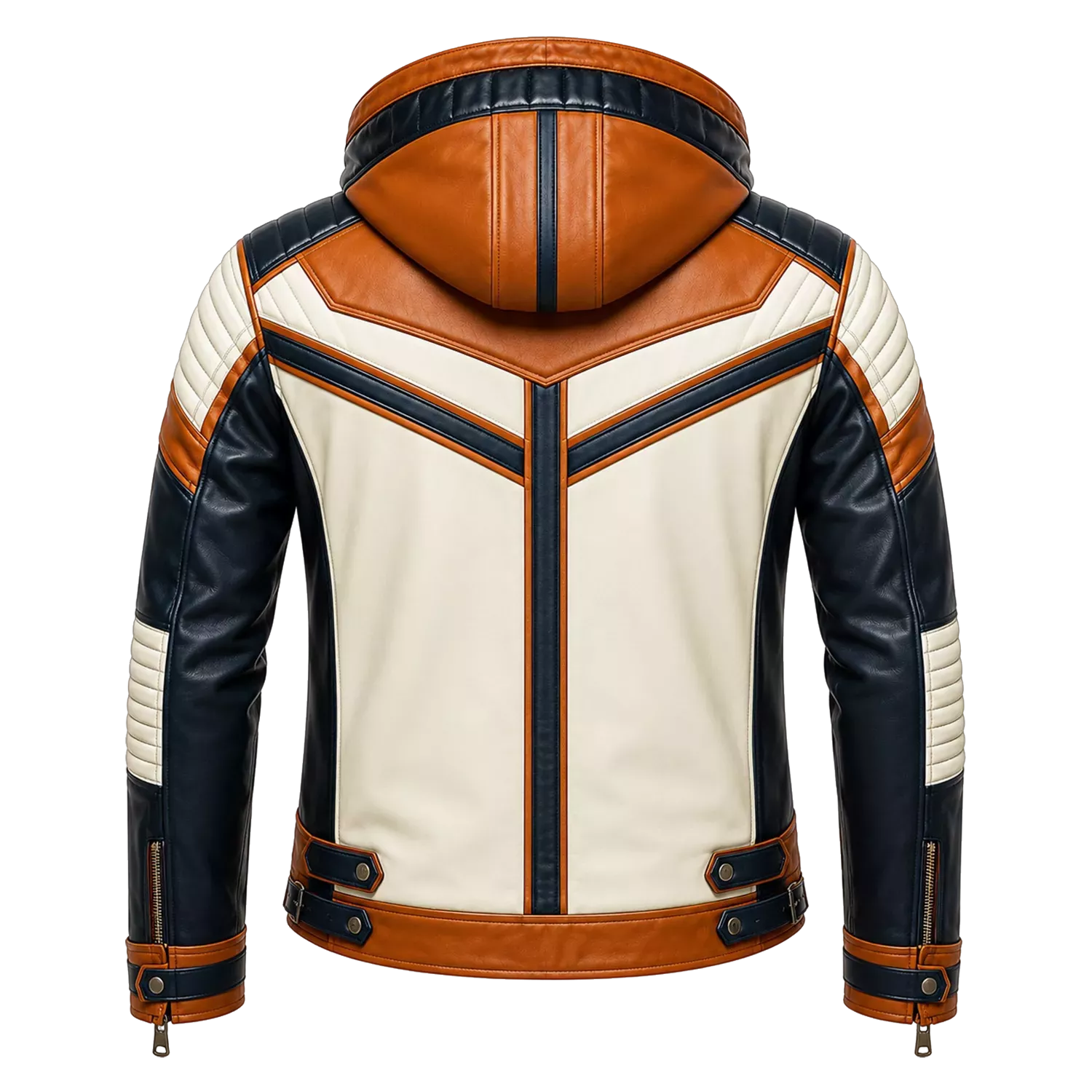 Men’s Tri-Color Hooded Leather Biker Jacket | Navy Cream Tan Jacket