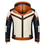 Men’s Tri-Color Hooded Leather Biker Jacket | Navy Cream Tan Jacket