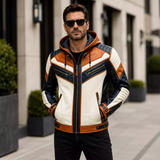 Men’s Tri-Color Hooded Leather Biker Jacket | Navy Cream Tan Jacket
