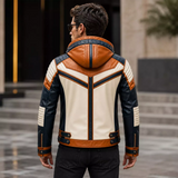 Men’s Tri-Color Hooded Leather Biker Jacket | Navy Cream Tan Jacket