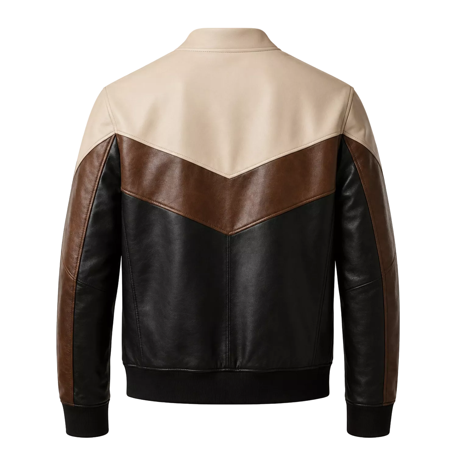 Men’s Tri-Color Leather Bomber Jacket with Zip Front
