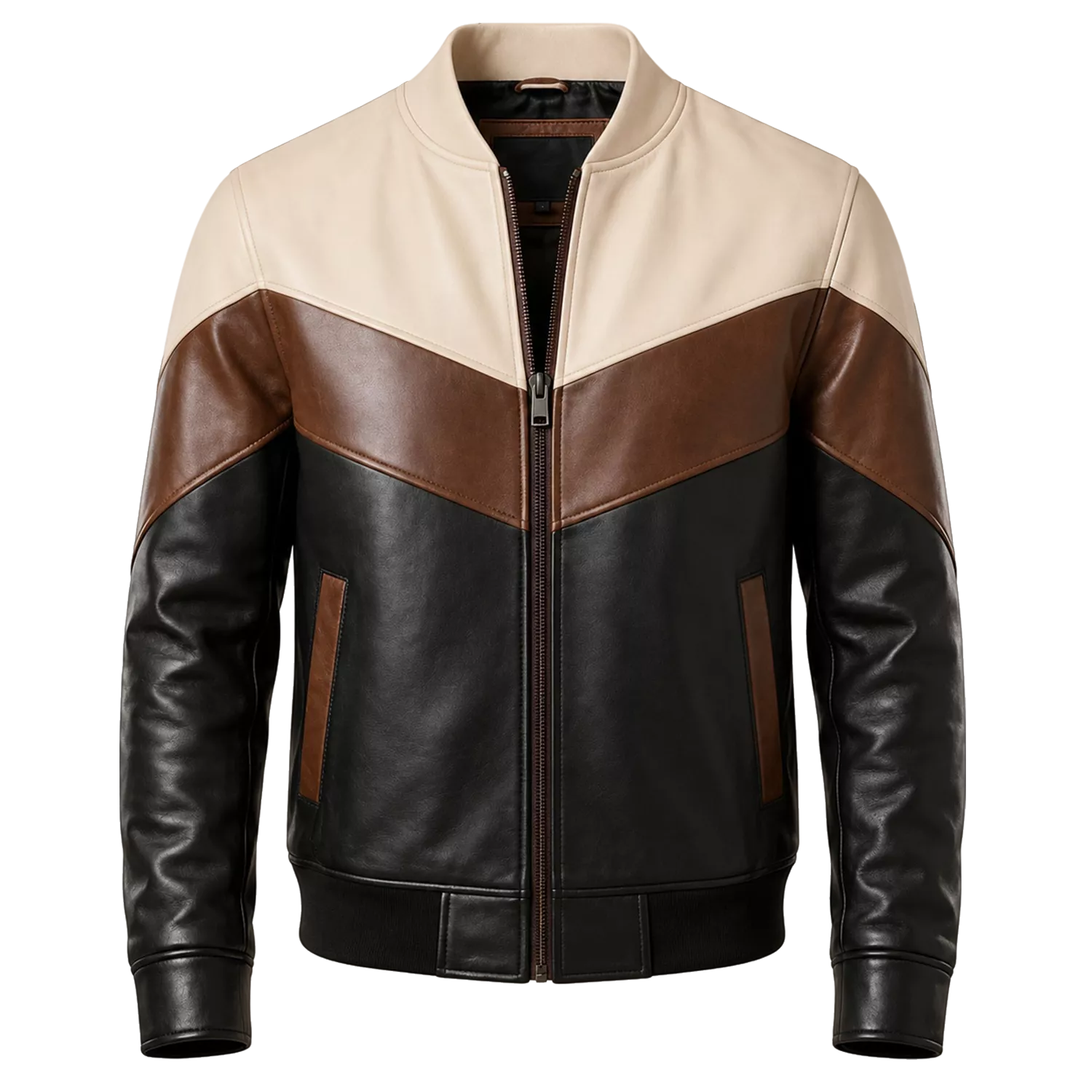 Men’s Tri-Color Leather Bomber Jacket with Zip Front