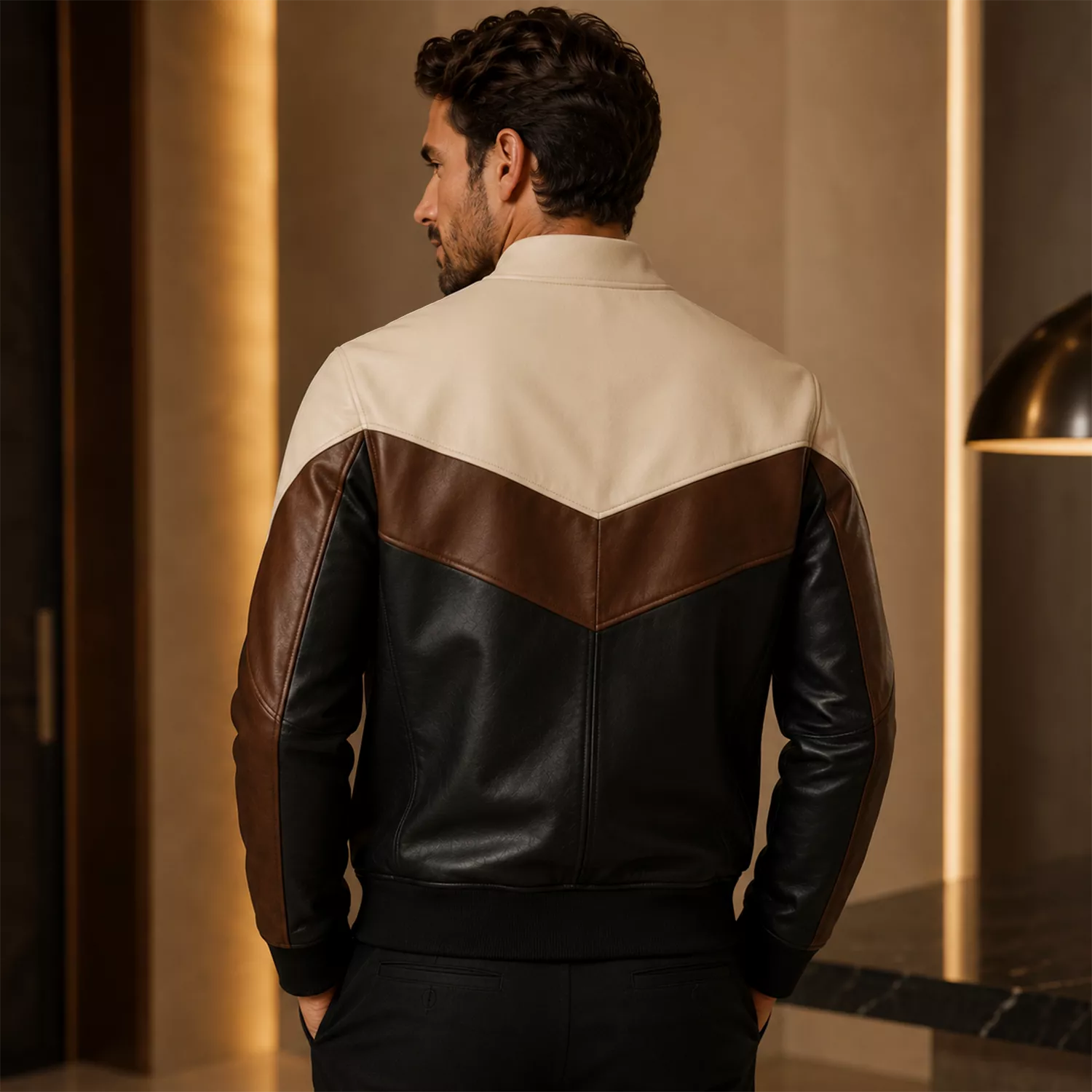 Men’s Tri-Color Leather Bomber Jacket with Zip Front