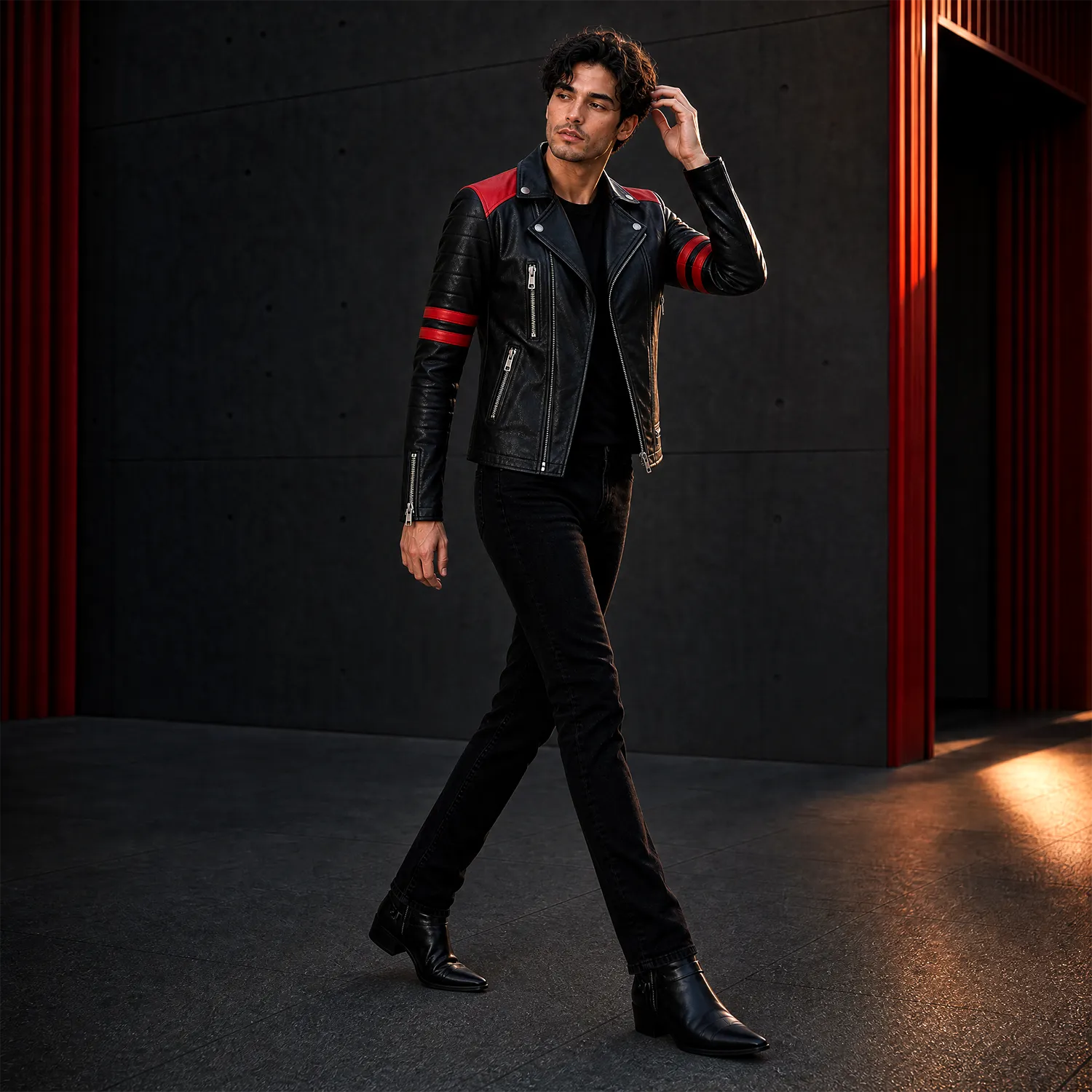 Men’s Two-Tone Leather Biker Jacket | Black Red Moto Racer Style