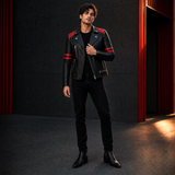 Men’s Two-Tone Leather Biker Jacket | Black Red Moto Racer Style