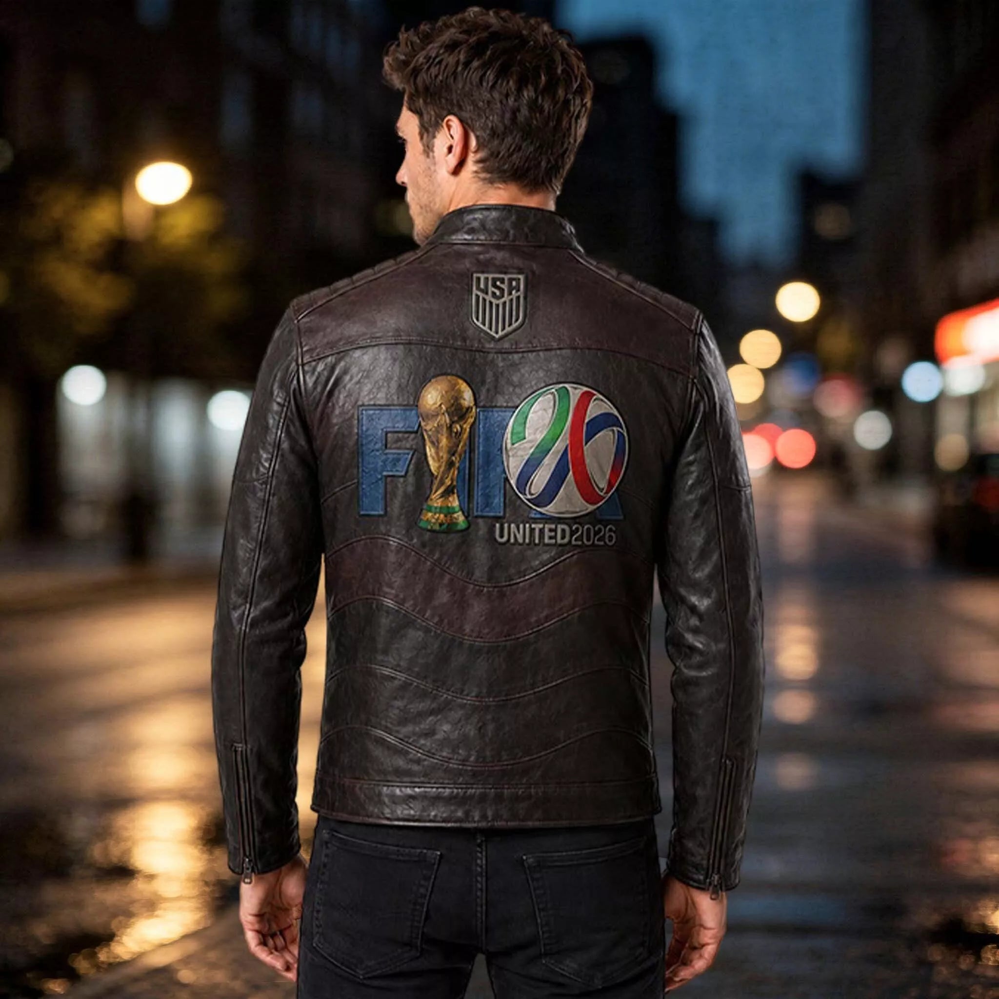 Men’s USA Soccer-Inspired Black Leather Jacket | Cafe Racer Biker Jacket