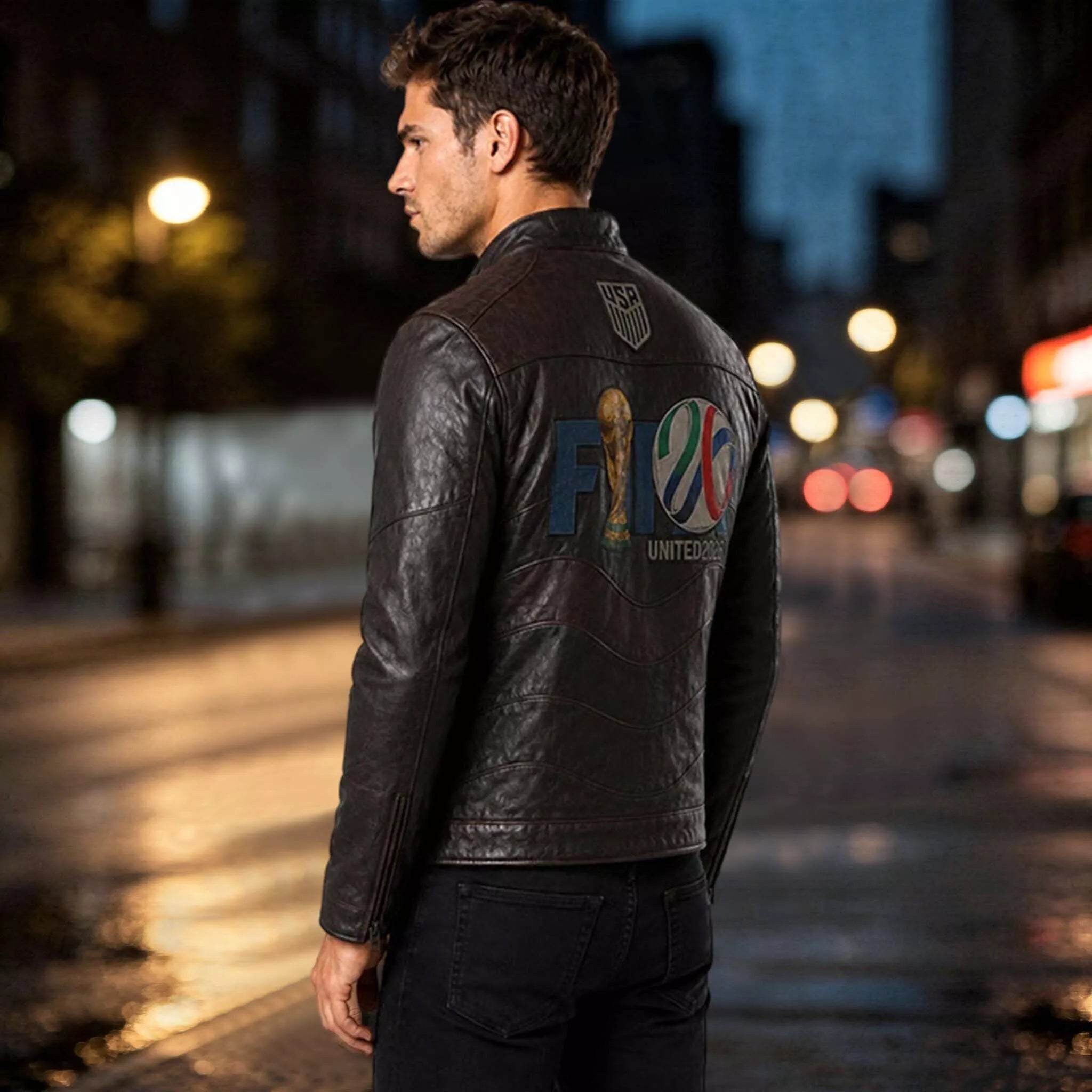 Men’s USA Soccer-Inspired Black Leather Jacket | Cafe Racer Biker Jacket