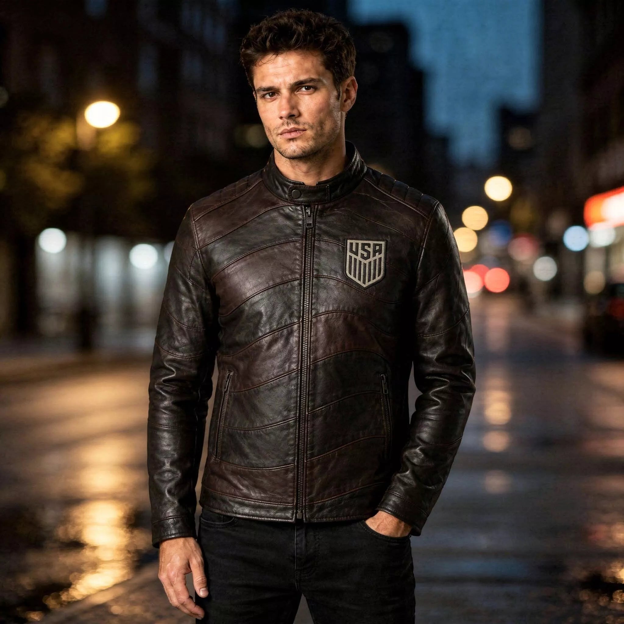 Men’s USA Soccer-Inspired Black Leather Jacket | Cafe Racer Biker Jacket