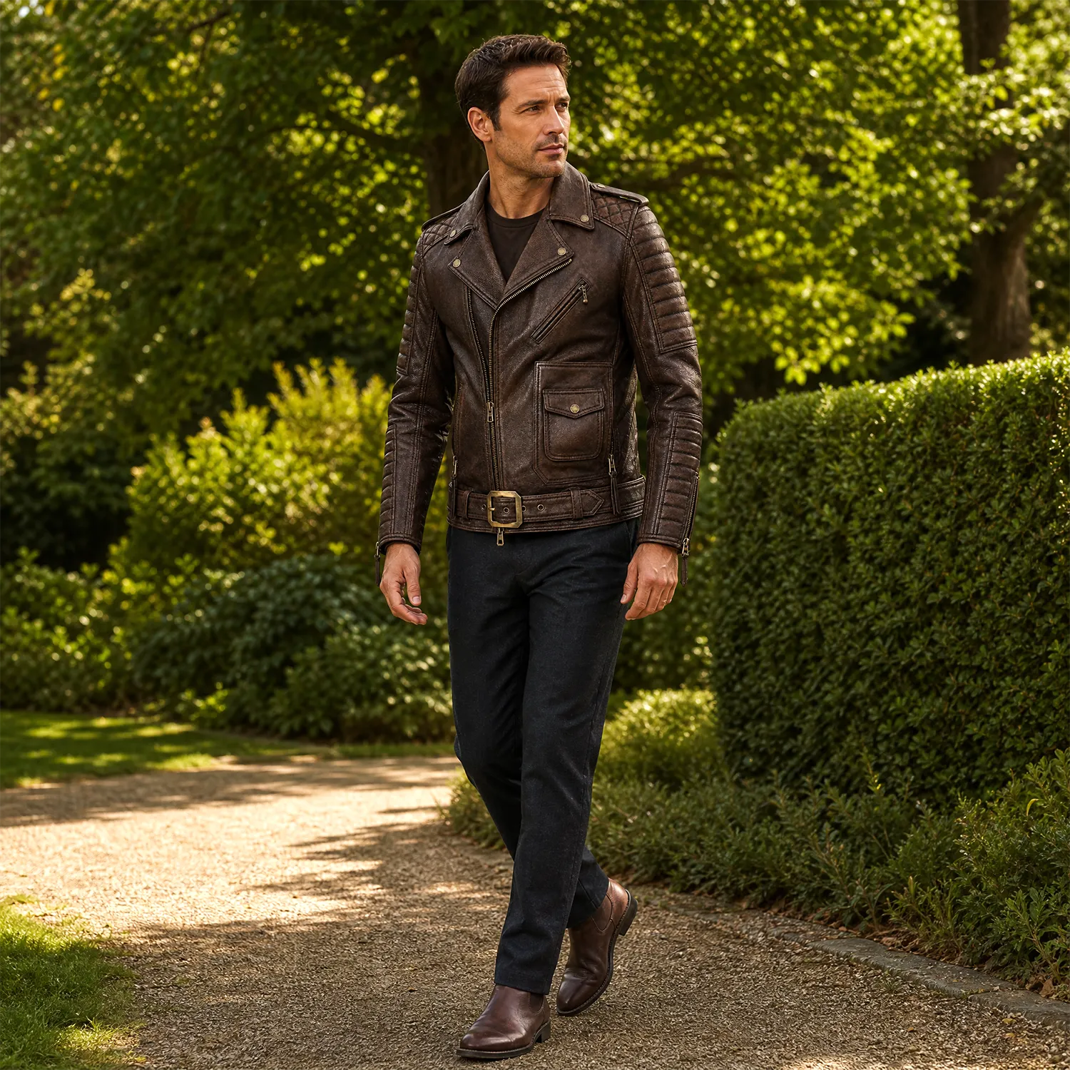 Men’s Vintage Brown Belted Leather Biker Jacket | Marlon Brando Inspired