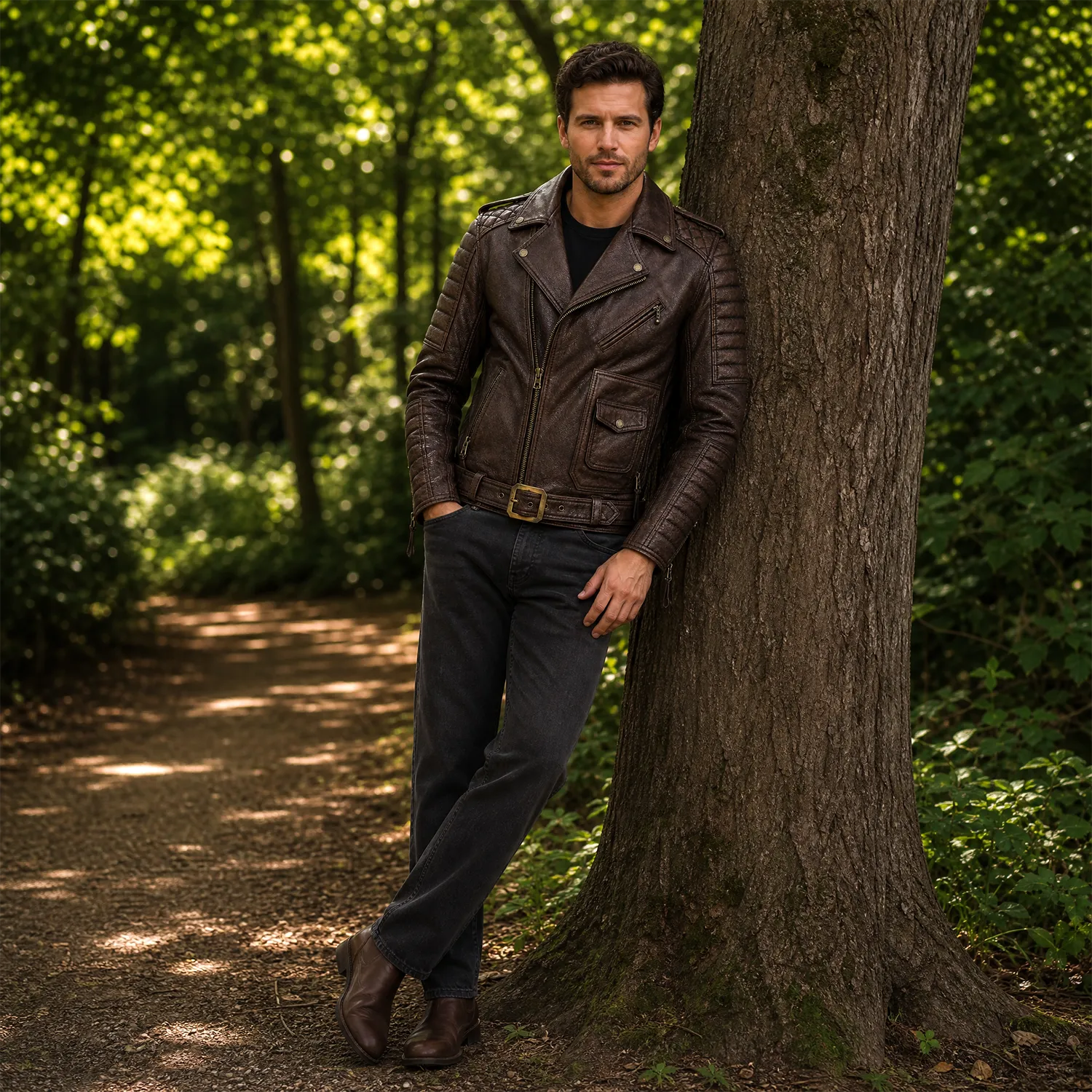 Men’s Vintage Brown Belted Leather Biker Jacket | Marlon Brando Inspired