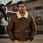Men’s Vintage Brown Leather Bomber Jacket with Patch Details
