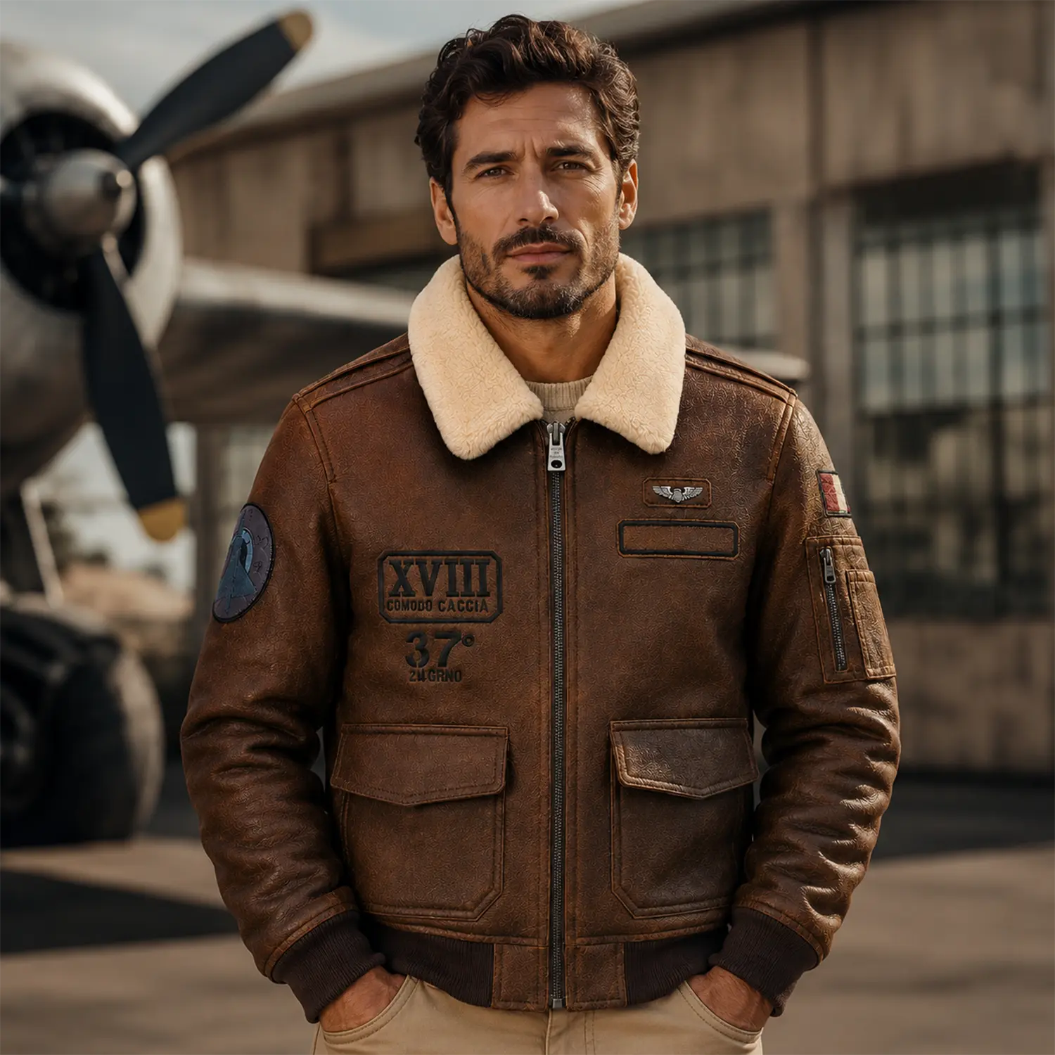 Men’s Vintage Brown Leather Bomber Jacket with Patch Details