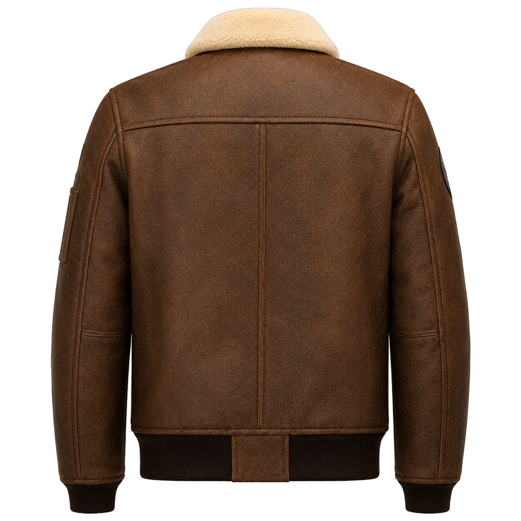 Men’s Vintage Brown Leather Bomber Jacket with Patch Details