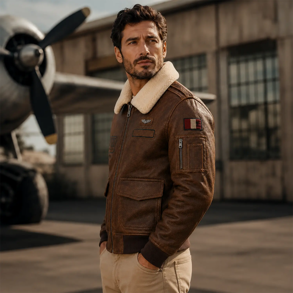 Men’s Vintage Brown Leather Bomber Jacket with Patch Details