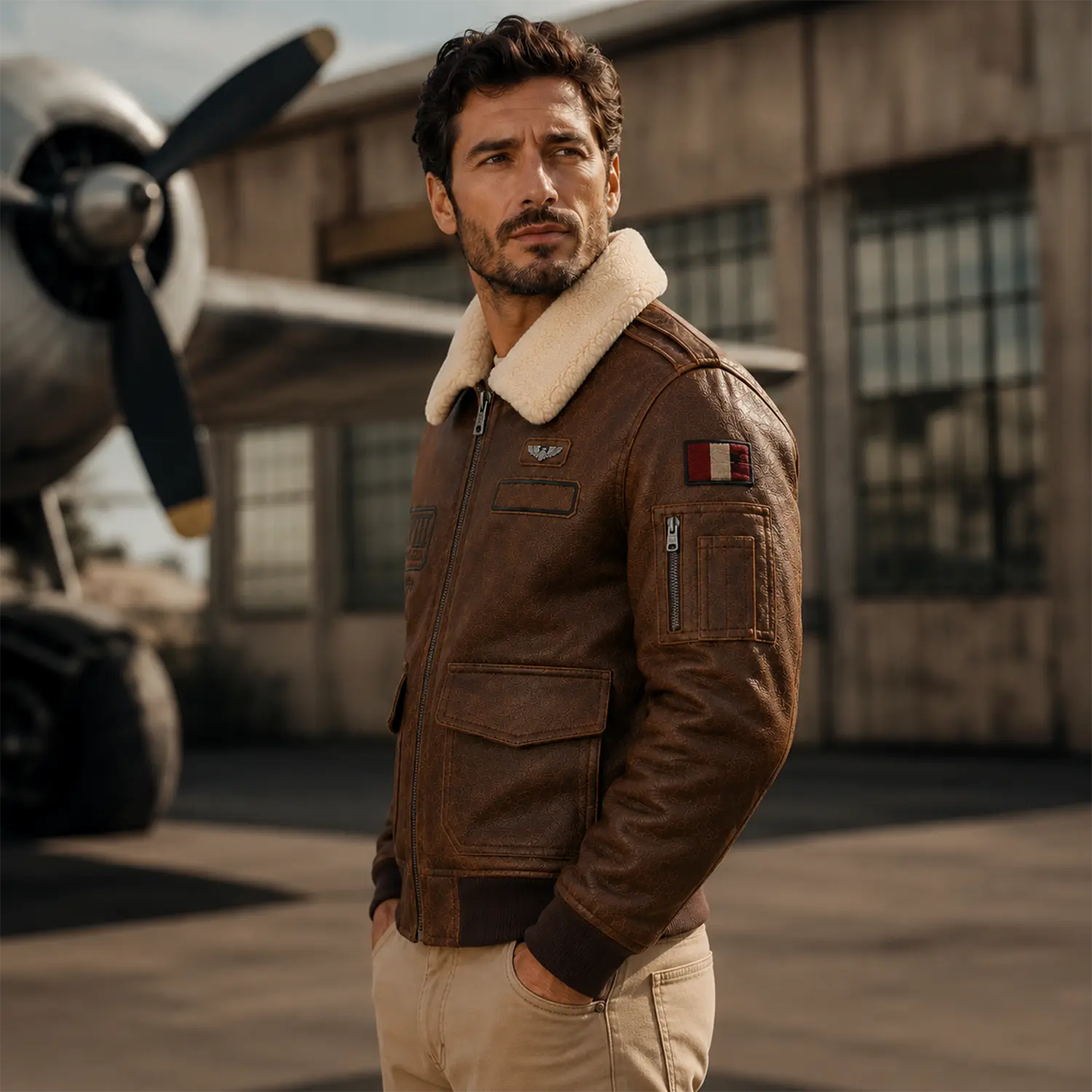 Men’s Vintage Brown Leather Bomber Jacket with Patch Details