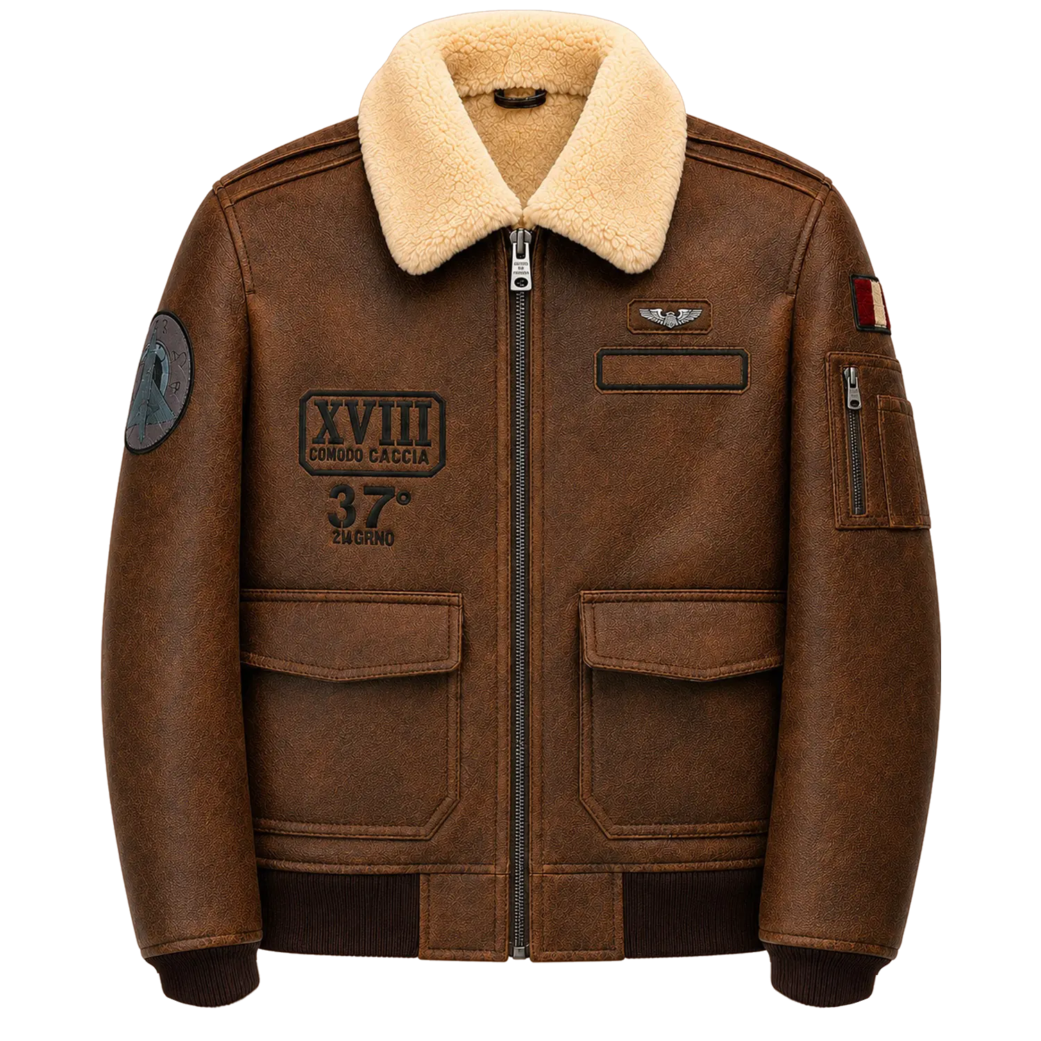 Men’s Vintage Brown Leather Bomber Jacket with Patch Details