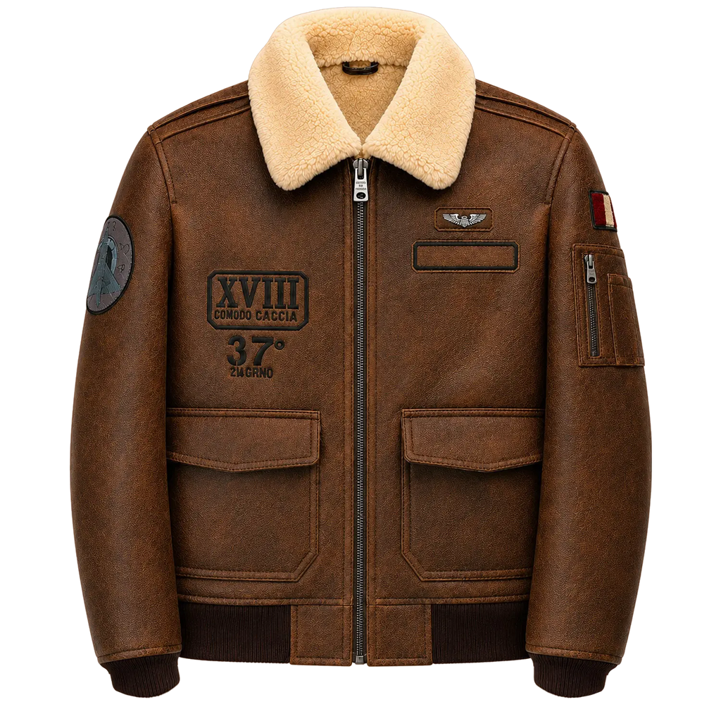 Men’s Vintage Brown Leather Bomber Jacket with Patch Details