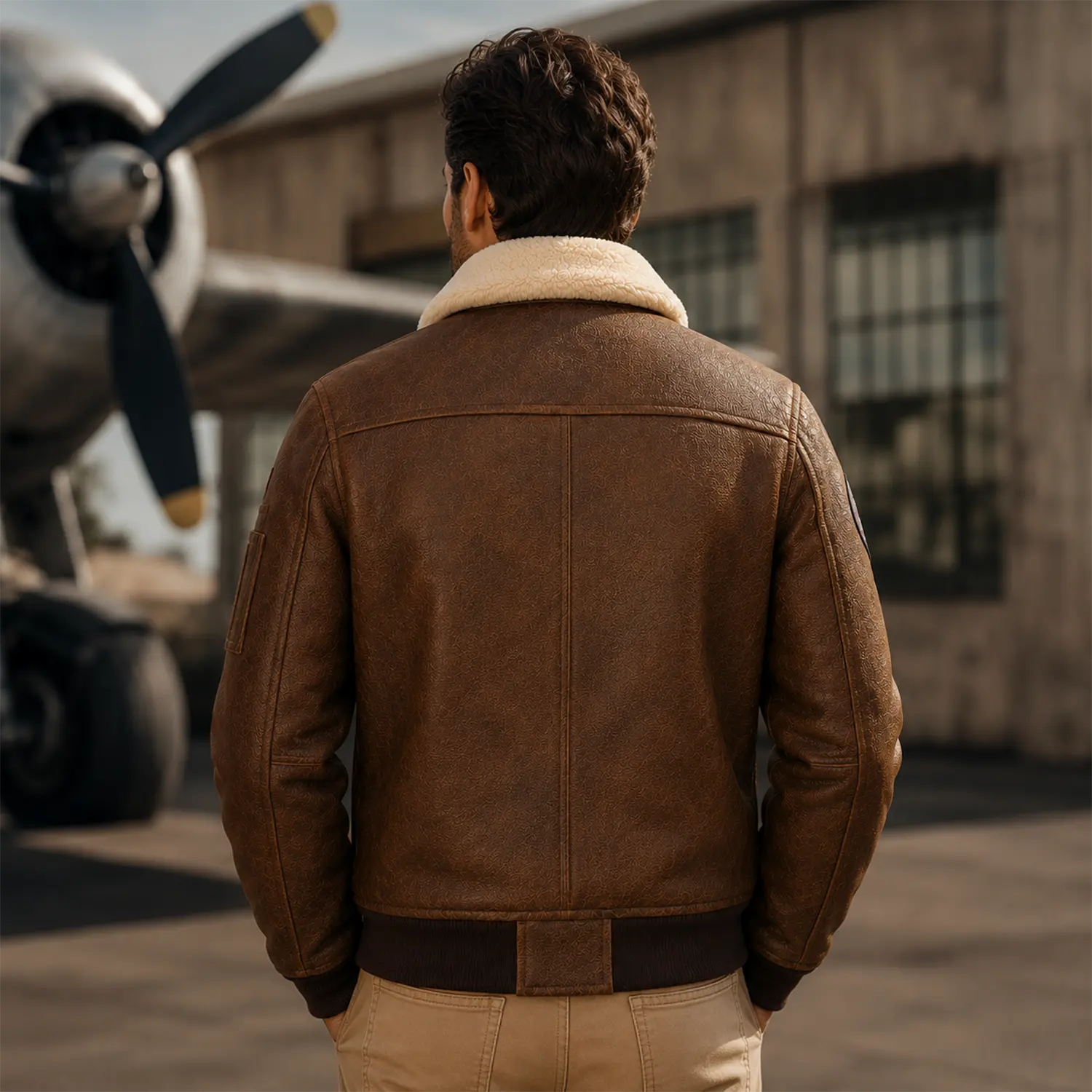 Men’s Vintage Brown Leather Bomber Jacket with Patch Details