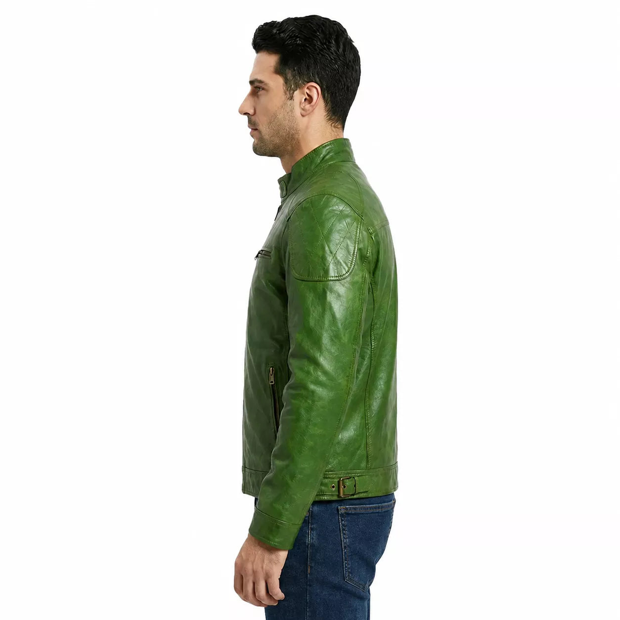 Blouson de motard Café Racer en cuir vert forêt vieilli pour homme – Patiné à la main