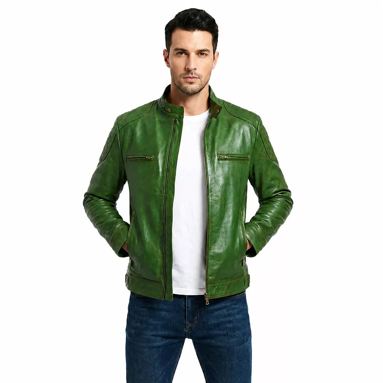 Blouson de motard Café Racer en cuir vert forêt vieilli pour homme – Patiné à la main