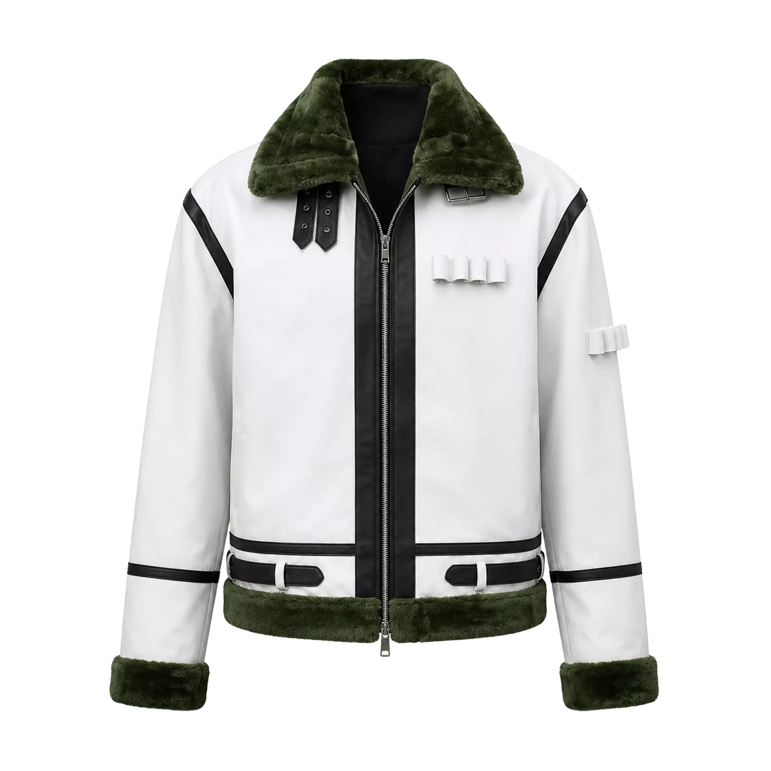Men’s White Green Shearling Leather Jacket | Aviator Style Winter Jacket