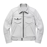 Men’s White Utility Leather Biker Jacket | Zip-Up Moto Jacket