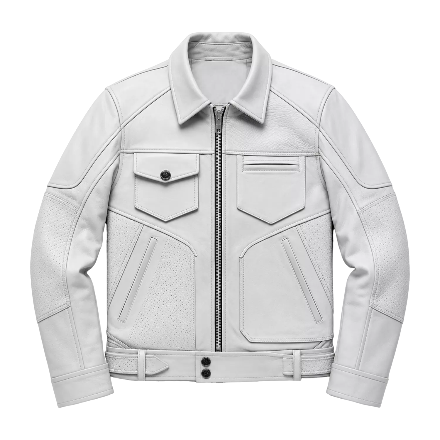 Men’s White Utility Leather Biker Jacket | Zip-Up Moto Jacket