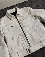 Men’s White Utility Leather Biker Jacket | Zip-Up Moto Jacket