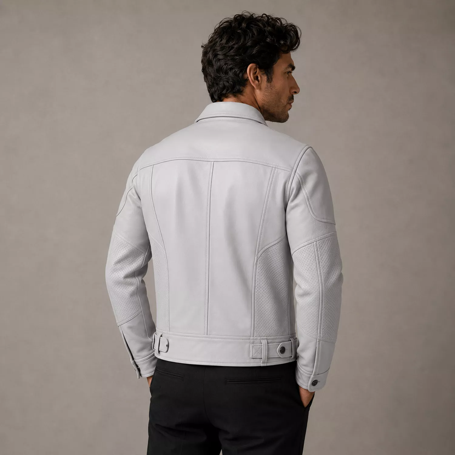 Men’s White Utility Leather Biker Jacket | Zip-Up Moto Jacket