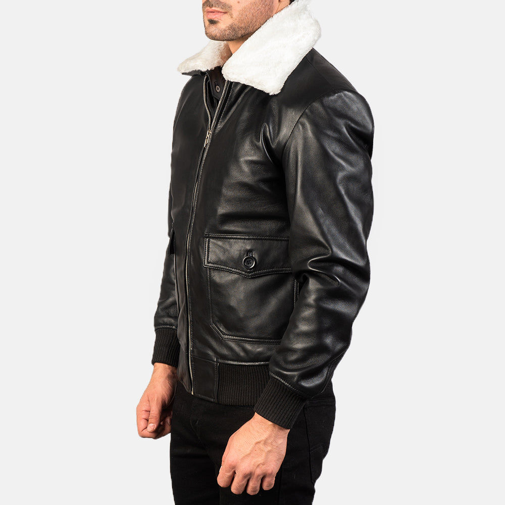 Men’s Black Leather Bomber Jacket With White Sherpa Collar – Classic Winter Aviator Jacket