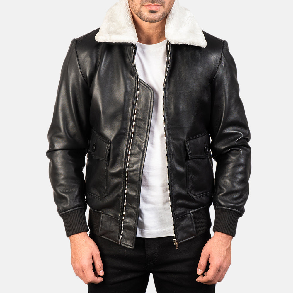 Men’s Black Leather Bomber Jacket With White Sherpa Collar – Classic Winter Aviator Jacket