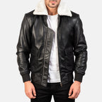 Men’s Black Leather Bomber Jacket With White Sherpa Collar – Classic Winter Aviator Jacket