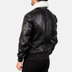 Men’s Black Leather Bomber Jacket With White Sherpa Collar – Classic Winter Aviator Jacket