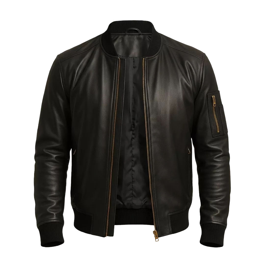 Men’s Black Leather Bomber Jacket with Utility Sleeve Pocket