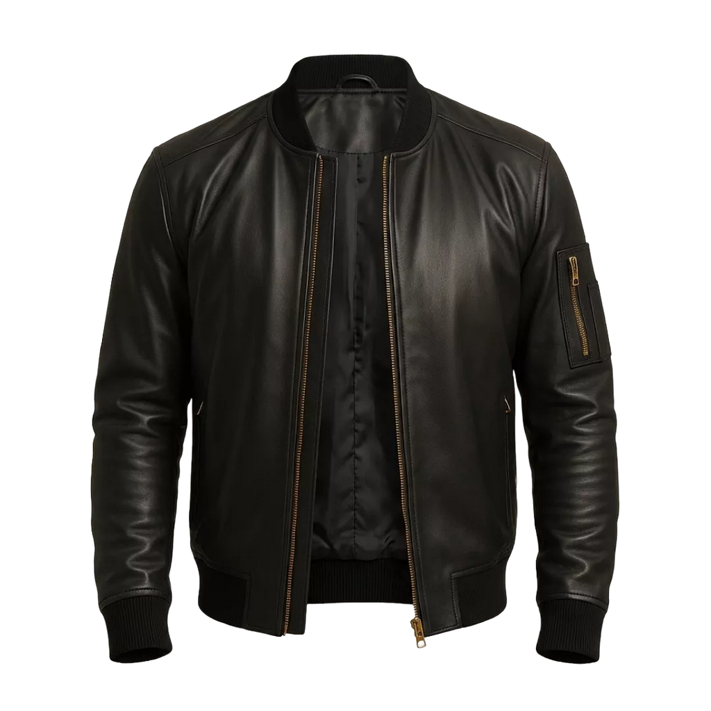 Men’s Black Lambskin Leather Bomber Jacket – Minimalist Zip-Up Casual Leather Jacket