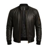 Men’s Black Leather Bomber Jacket with Utility Sleeve Pocket