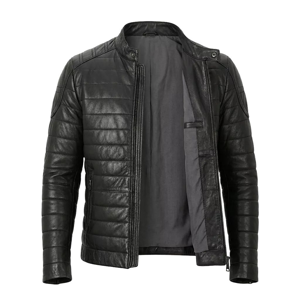 Schwarze gesteppte Bikerjacke aus Vintage-Leder für Herren